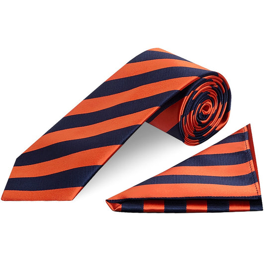 Navy and Orange Striped Classic Mens Tie and Pocket Square Set