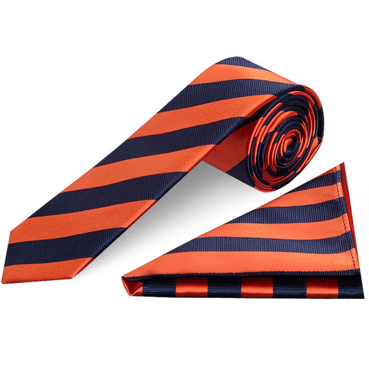 Navy and Orange Striped Skinny Mens Tie and Pocket Square Set