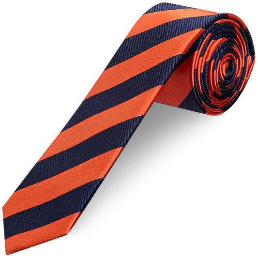 Navy and Orange Striped Skinny Mens Tie and Pocket Square Set