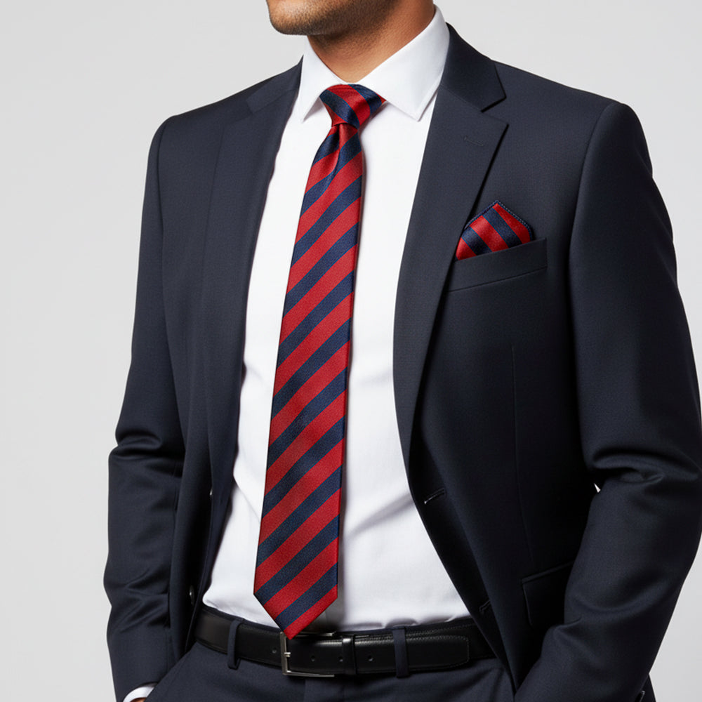 Navy and Red Striped Classic Mens Tie and Pocket Square Set