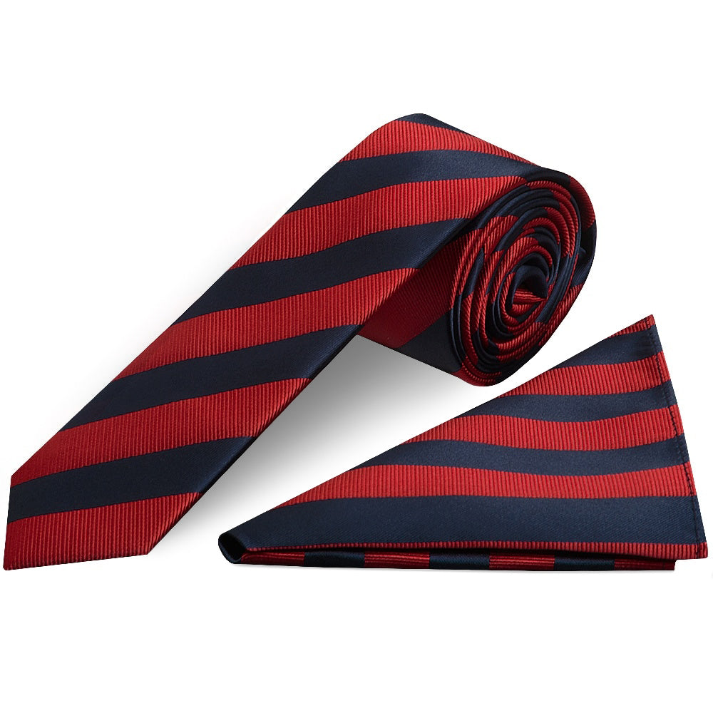 Navy and Red Striped Skinny Mens Tie and Pocket Square Set