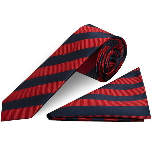 Navy and Red Striped Skinny Mens Tie and Pocket Square Set