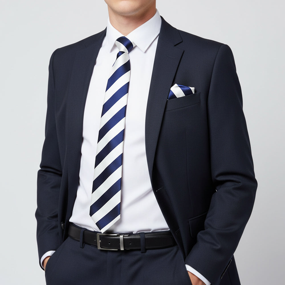 Navy and White Striped Classic Mens Football Tie and Pocket Square Set