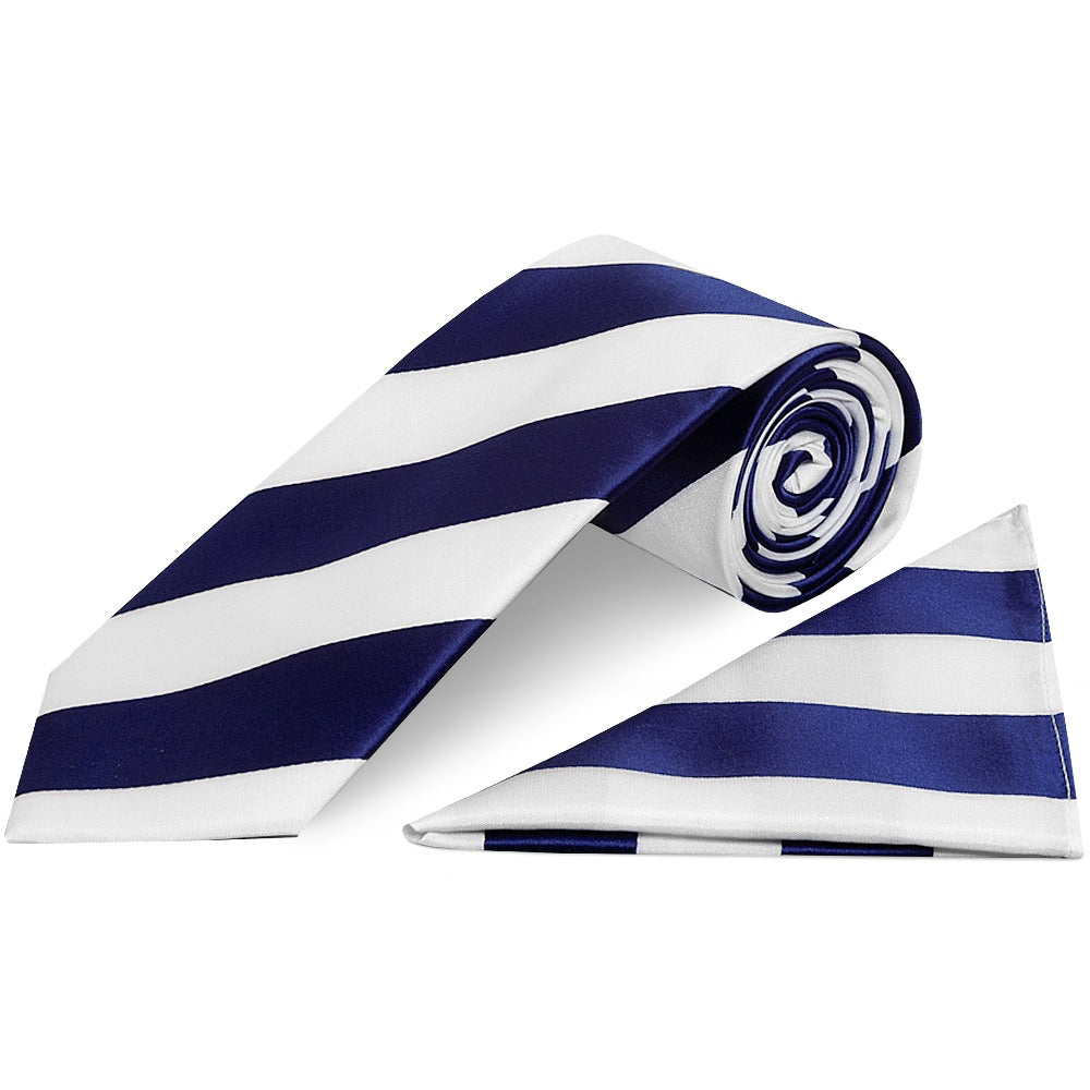 Navy and White Striped Classic Mens Football Tie and Pocket Square Set