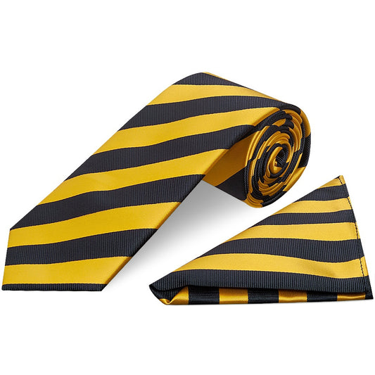 Navy and Yellow Striped Classic Mens Tie and Pocket Square Set