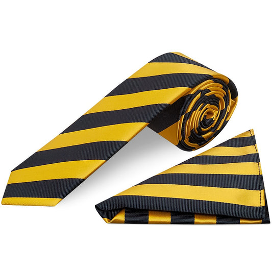 Navy and Yellow Striped Skinny Mens Tie and Pocket Square Set