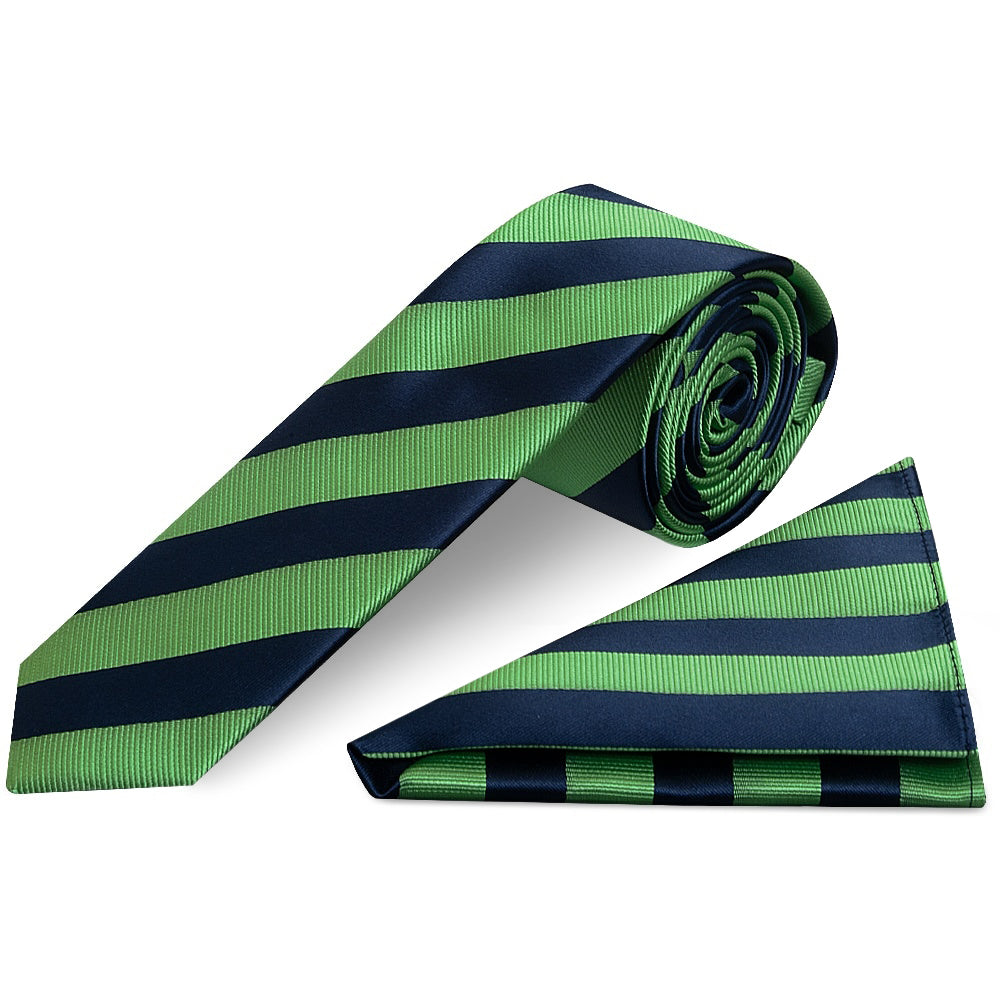Navy and Lime Striped Skinny Mens Tie and Pocket Square Set