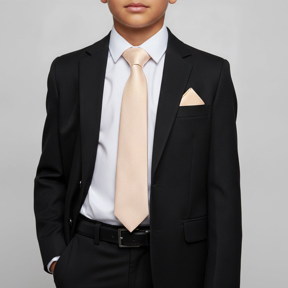 Plain Nude Silk Skinny Boys Tie and Pocket Square Set