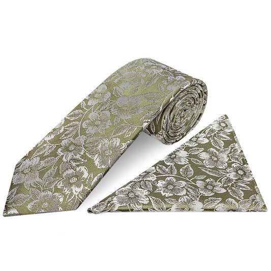 Olive Floral Silk Classic Mens Tie and Pocket Square Set