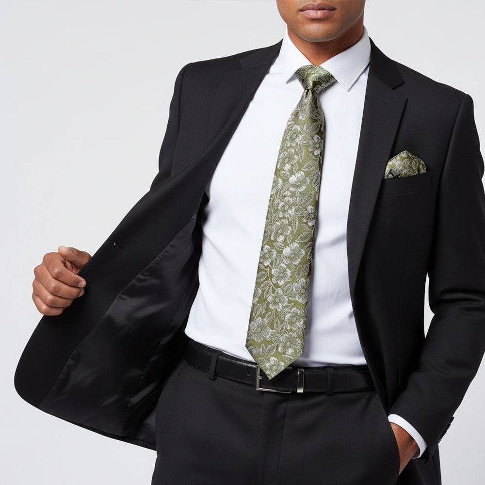 Olive Floral Silk Classic Mens Tie and Pocket Square Set