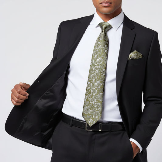 Olive Floral Silk Classic Mens Tie and Pocket Square Set