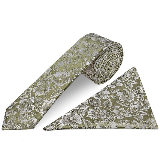 Olive Floral Silk Skinny Mens Tie and Pocket Square Set