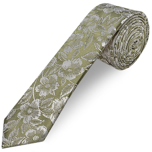 Olive Floral Silk Skinny Mens Tie and Pocket Square Set
