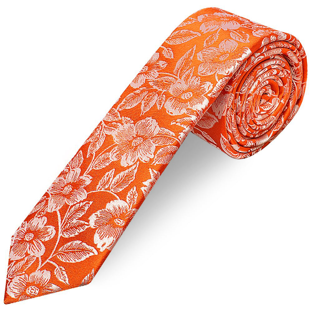 Mens Orange Floral Silk Skinny Tie