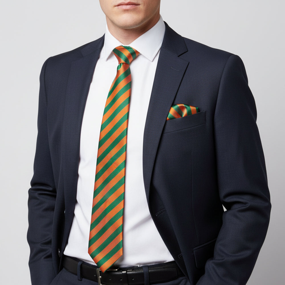 Orange and Green Striped Men's Tie and Pocket Square Set