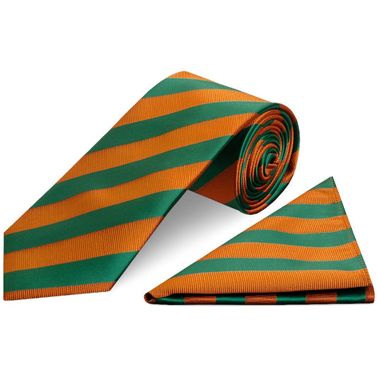 Orange and Green Striped Classic Mens Tie and Pocket Square Set