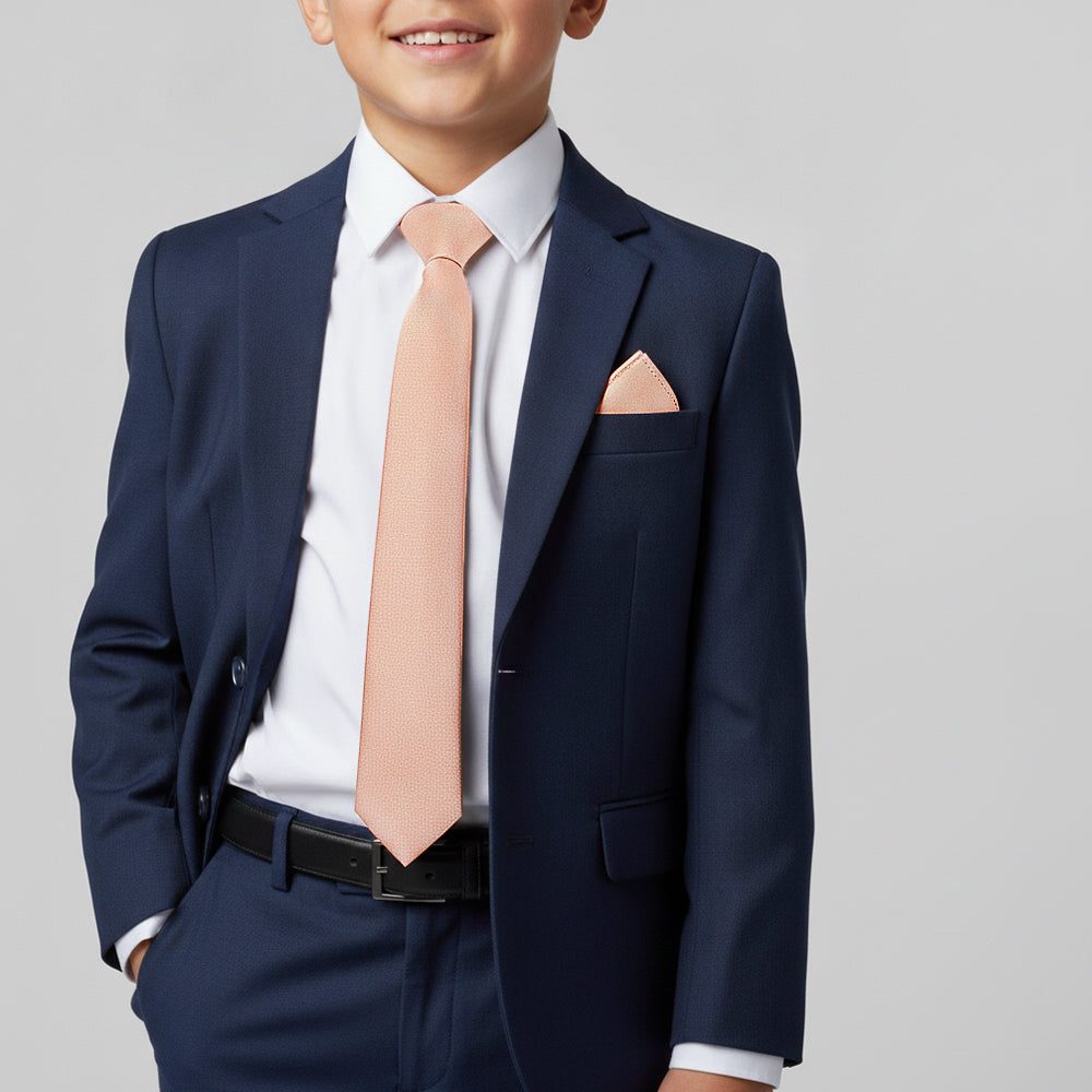 Plain Pale Peach Silk Skinny Boys Tie and Pocket Square Set