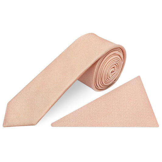 Plain Pale Peach Silk Skinny Mens Tie and Pocket Square Set