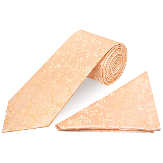 Peach Floral Classic Mens Tie and Pocket Square Set