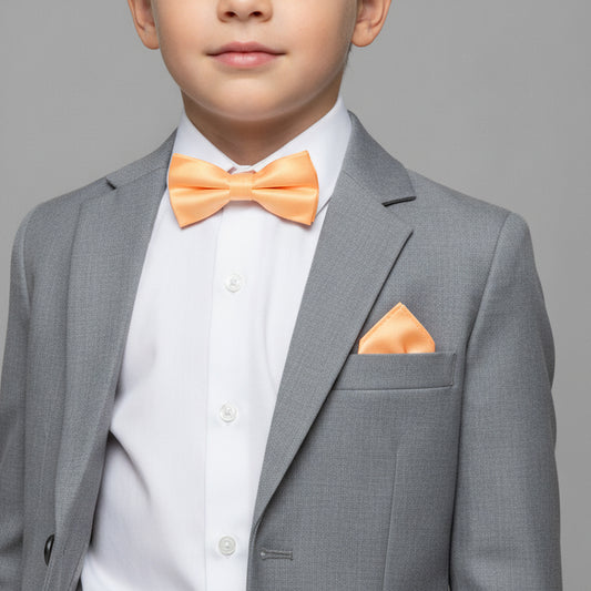 Pre Tied Peach Satin Boys Bow Tie and Pocket Square Set Age 4-7