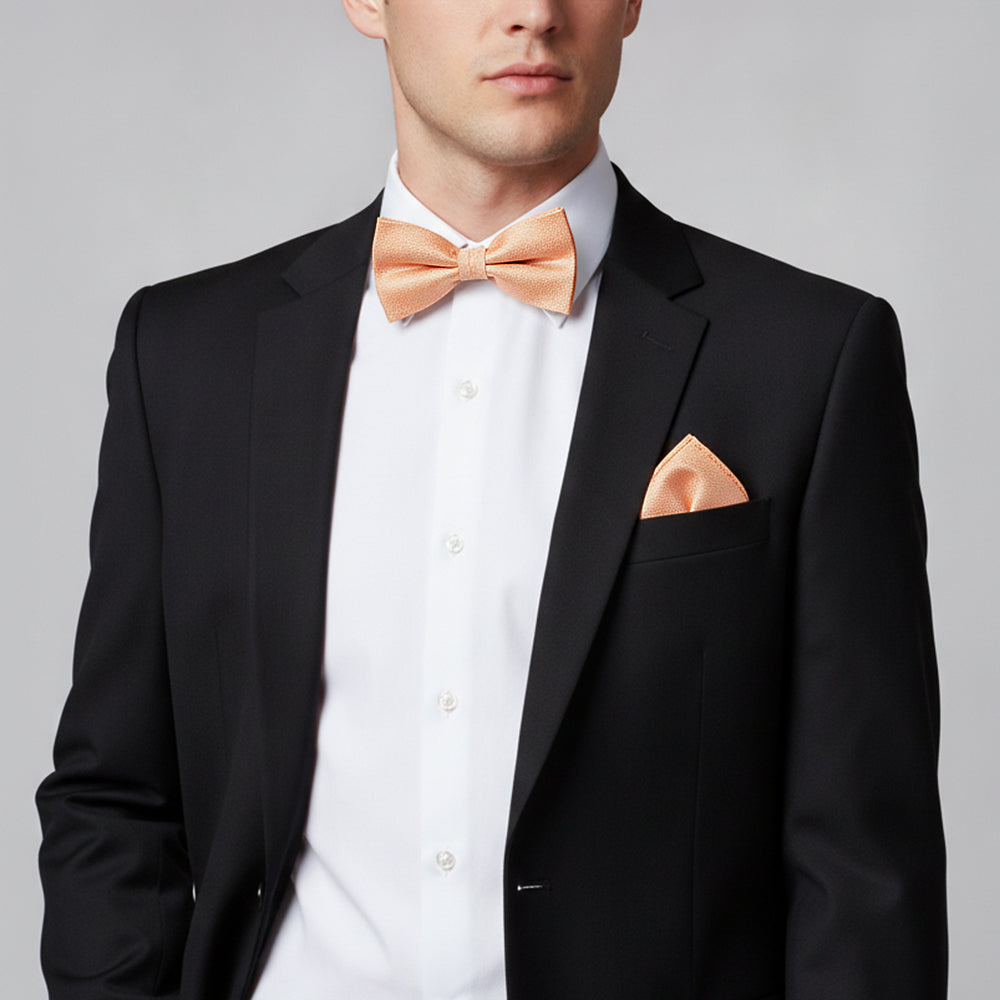 Plain Peach Textured Silk Mens Bow Tie and Pocket Square Set