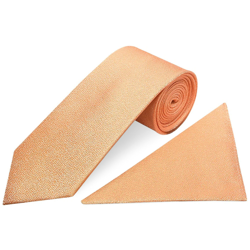 Plain Peach Textured Silk Classic	Mens Tie and Pocket Square Set