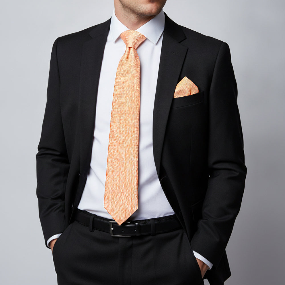 Plain Peach Textured Silk Classic	Mens Tie and Pocket Square Set