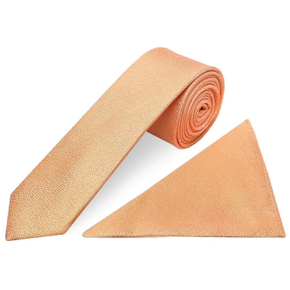 Plain Peach Textured Silk Skinny Boys Tie and Pocket Square Set
