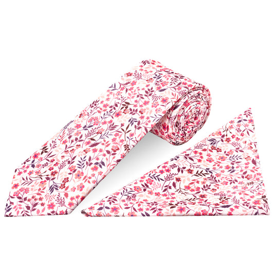 Mens Classic Pink Floral Tie and Pocket Square Set