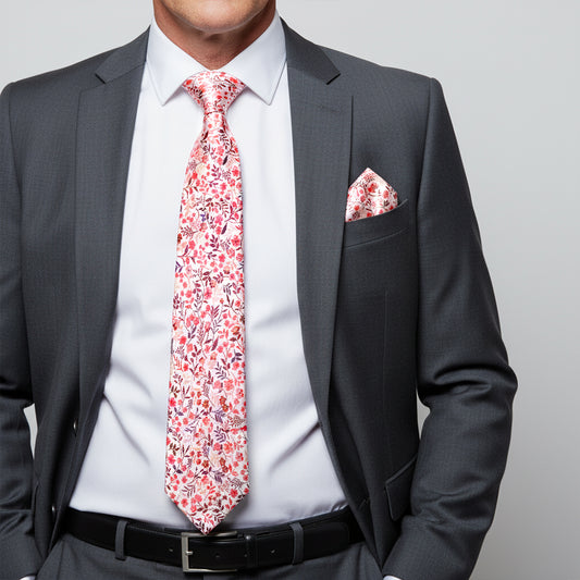 Mens Classic Pink Floral Tie and Pocket Square Set