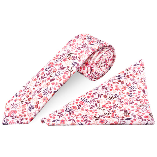 Mens Skinny Pink Small Floral Tie and Pocket Square Set