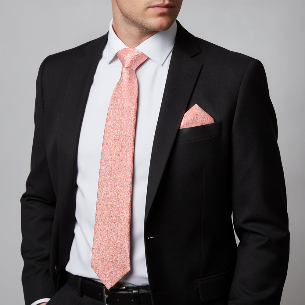 Pink Self Floral Textured Silk Classic Mens Tie and Pocket Square Set