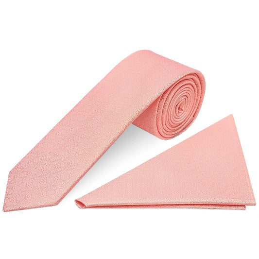 Pink Self Floral Textured Silk Skinny Mens Tie and Pocket Square Set