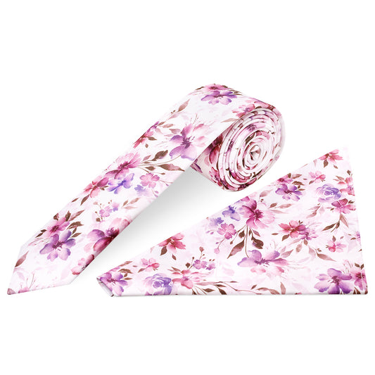 Mens Pink Large Floral Skinny Tie and Pocket Square Set