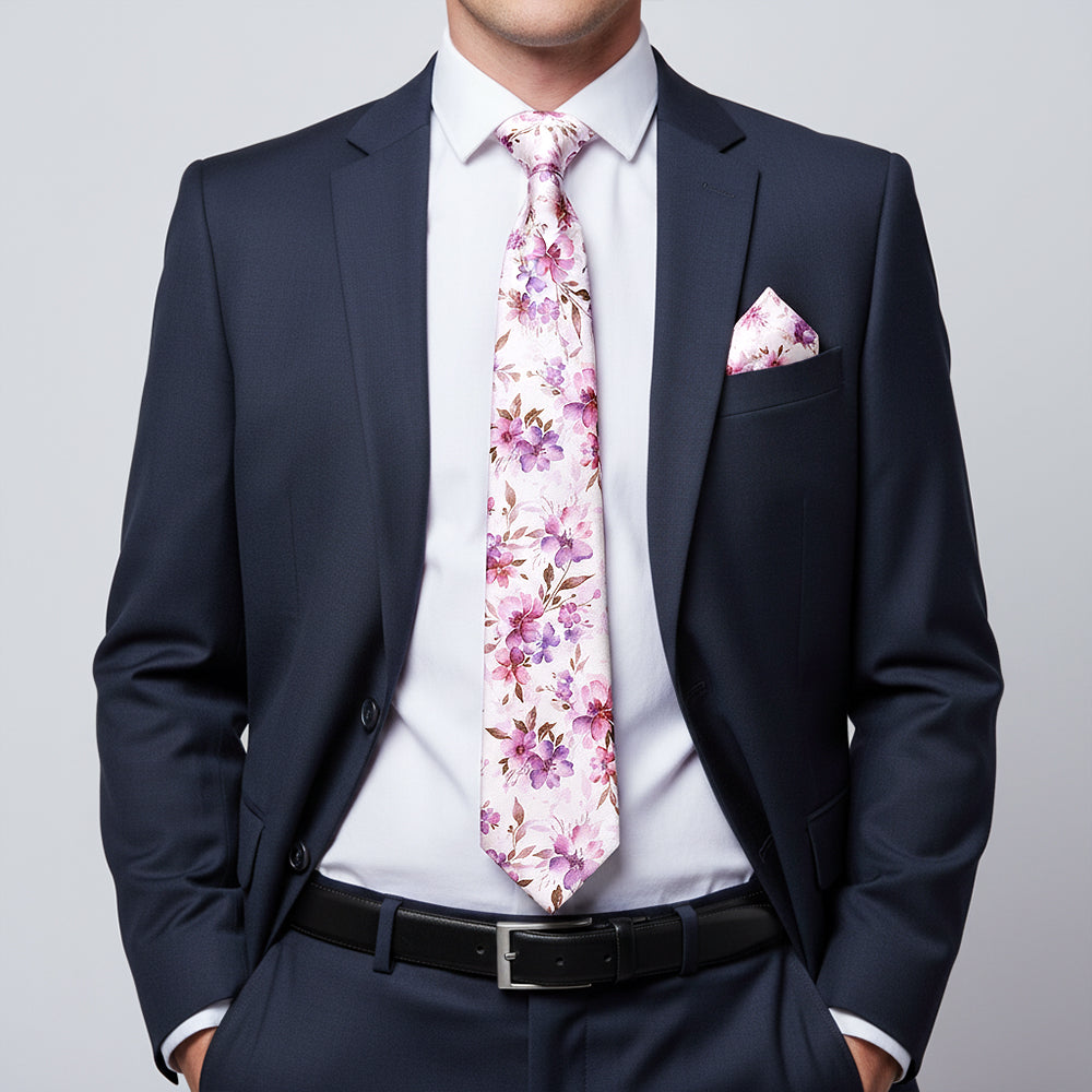 Mens Pink Large Floral Classic Tie and Pocket Square Set