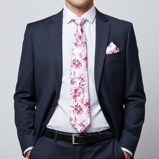 Mens Pink Large Floral Classic Tie and Pocket Square Set