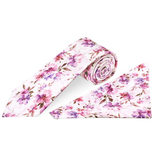 Mens Pink Large Floral Classic Tie and Pocket Square Set