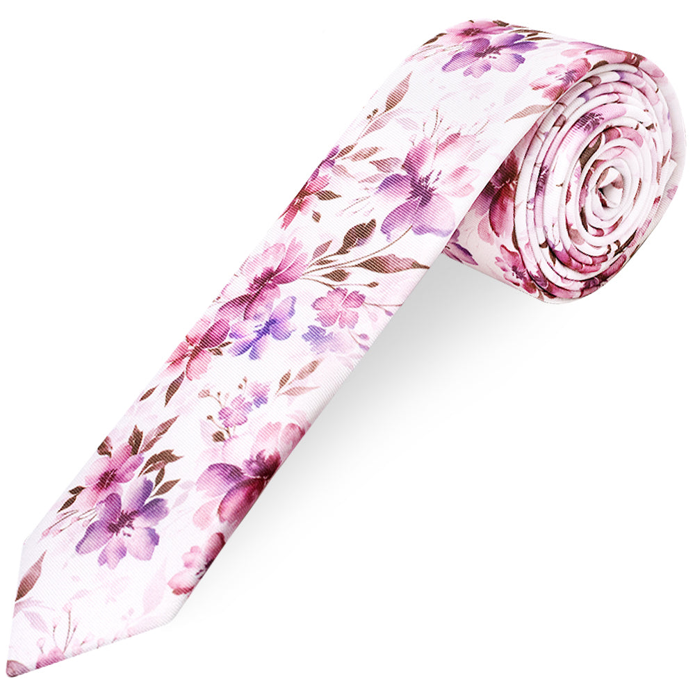 Mens Pink Large Floral Skinny Tie