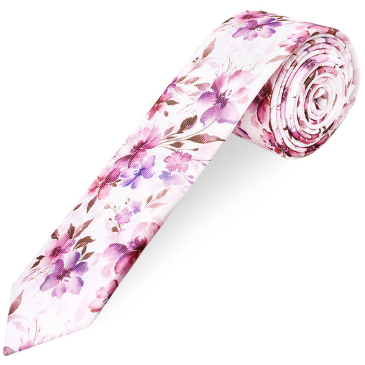 Mens Pink Large Floral Skinny Tie and Pocket Square Set