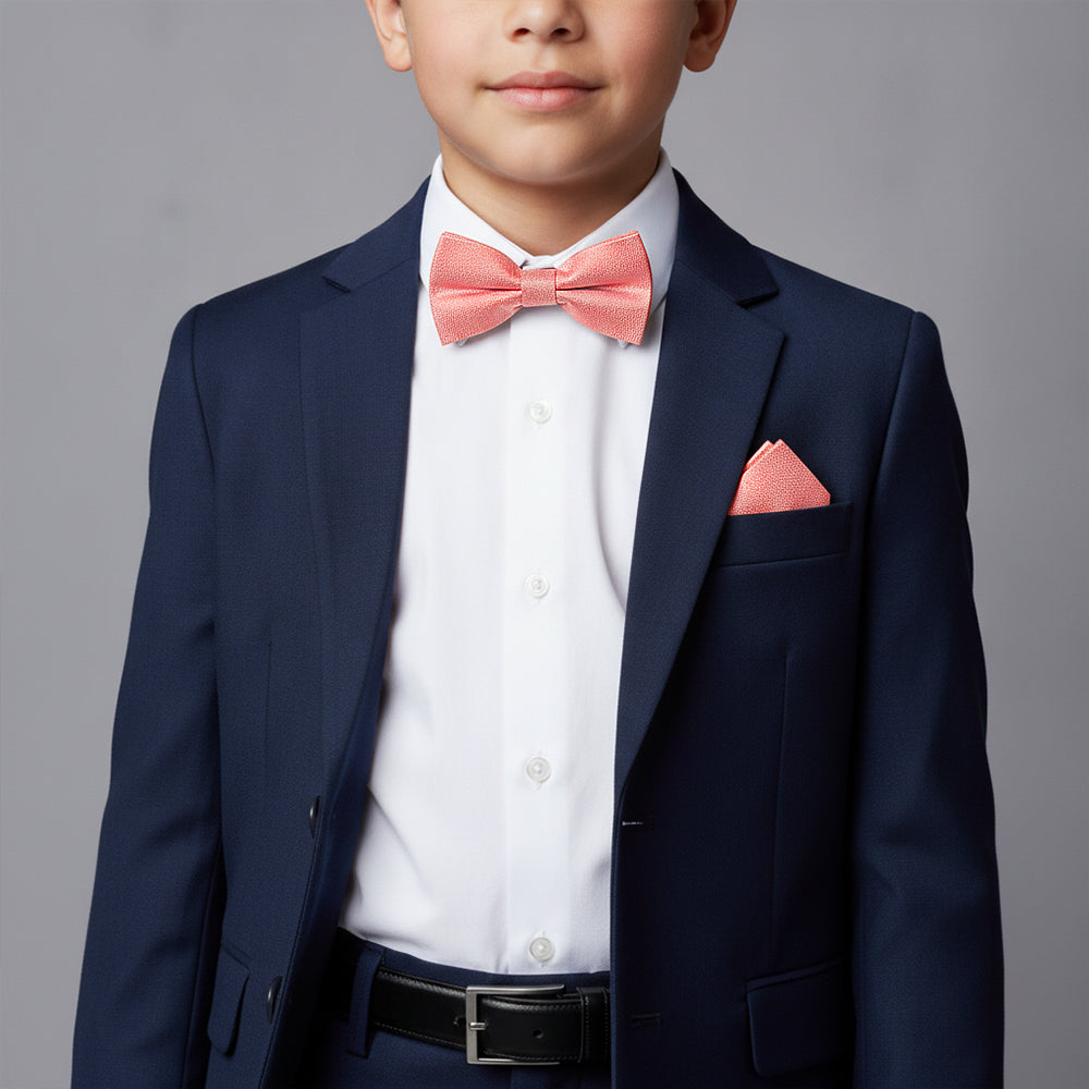 Pre Tied Pink Textured Silk Boys Bow Tie and Pocket Square Set