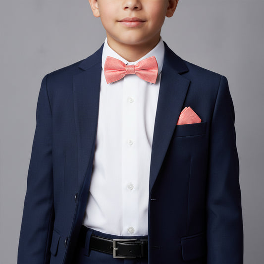 Pre Tied Pink Textured Silk Boys Bow Tie and Pocket Square Set