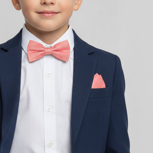 Pre Tied Pink Textured Silk Boys Bow Tie and Pocket Square Age 4-7
