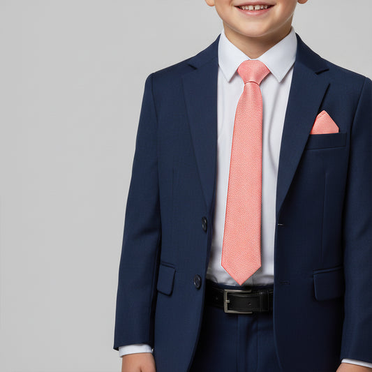 Plain Pink Textured Silk Skinny Boys Tie and Pocket Square Set