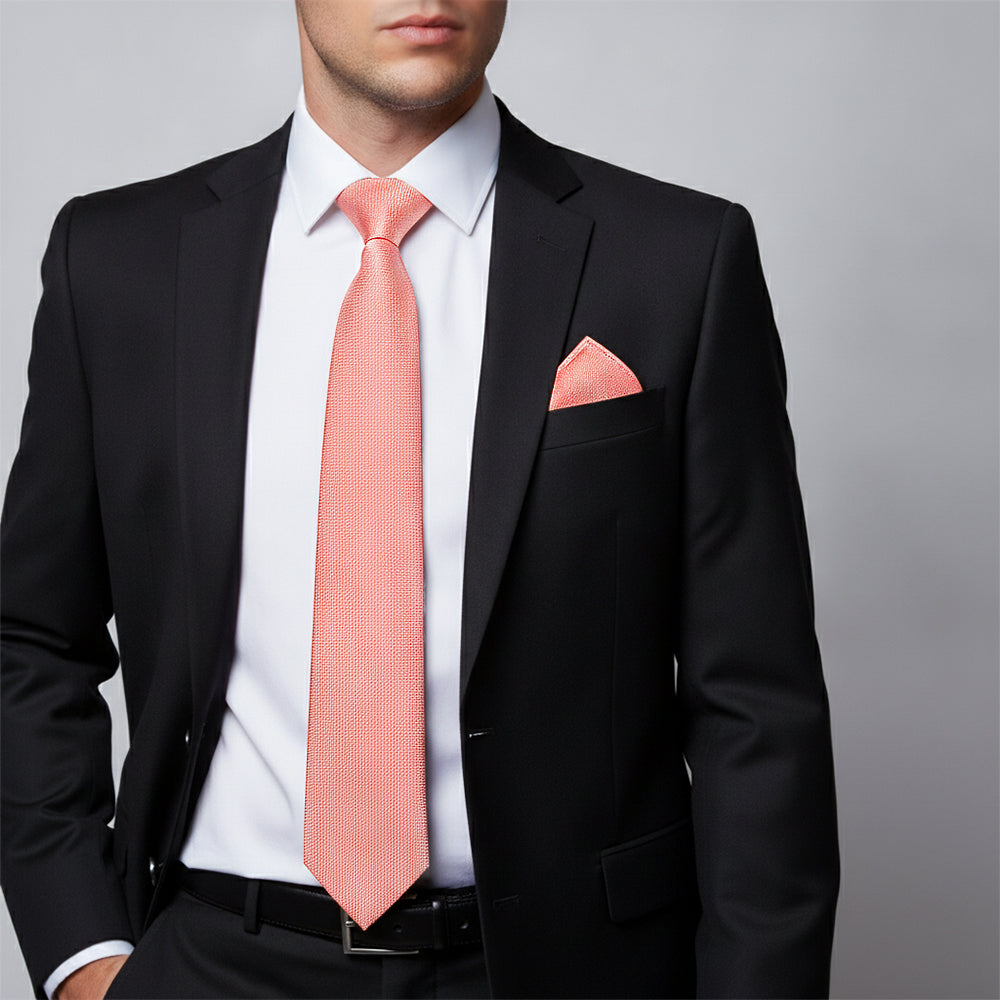 Plain Pink Textured Silk Classic Mens Tie and Pocket Square Set