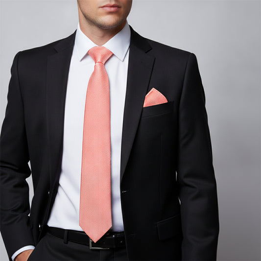 Plain Pink Textured Silk Classic Mens Tie and Pocket Square Set