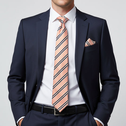 Pink Twin Stripe Classic Mens Tie and Pocket Square Set