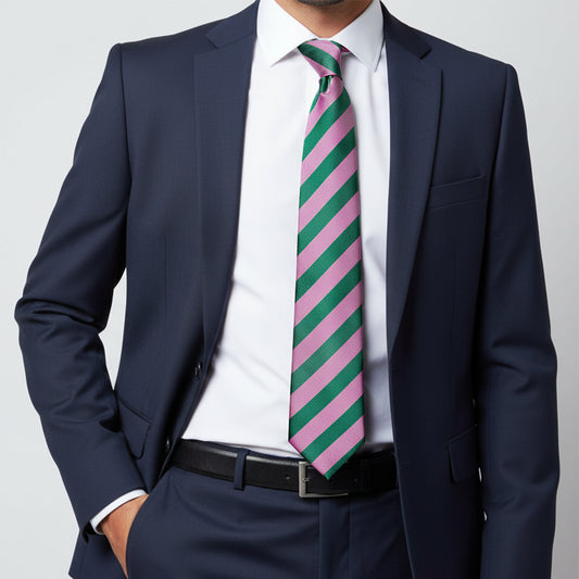 Pink and Green Striped Skinny Mens Tie and Pocket Square Set