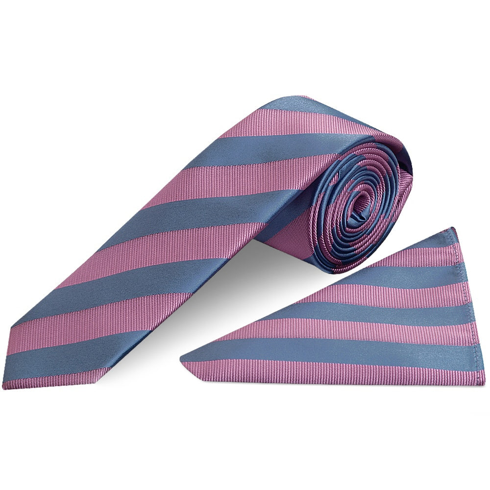 Pink and Light Blue Striped Skinny Mens Tie and Pocket Square Set