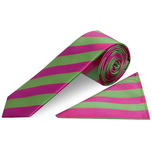 Pink and Lime Striped Skinny Mens Tie and Pocket Square Set