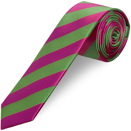 Pink and Lime Striped Skinny Mens Tie and Pocket Square Set
